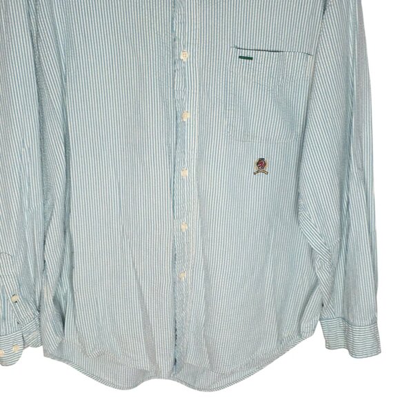 Vintage Tommy Hilfiger Shirt Mens Large Seersucker Button Down Crest Blue Stripe - Picture 3 of 13